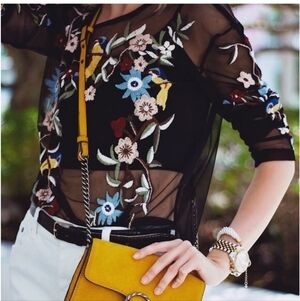 Zara Black Mesh See Thro8gh Long Sleeve Tee Colorful Floral Embroidery Sm